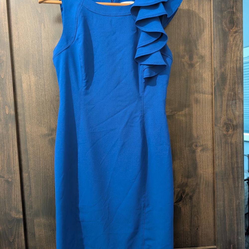 Calvin Klein Blue Asymmetrical Ruffled Cocktail Dress